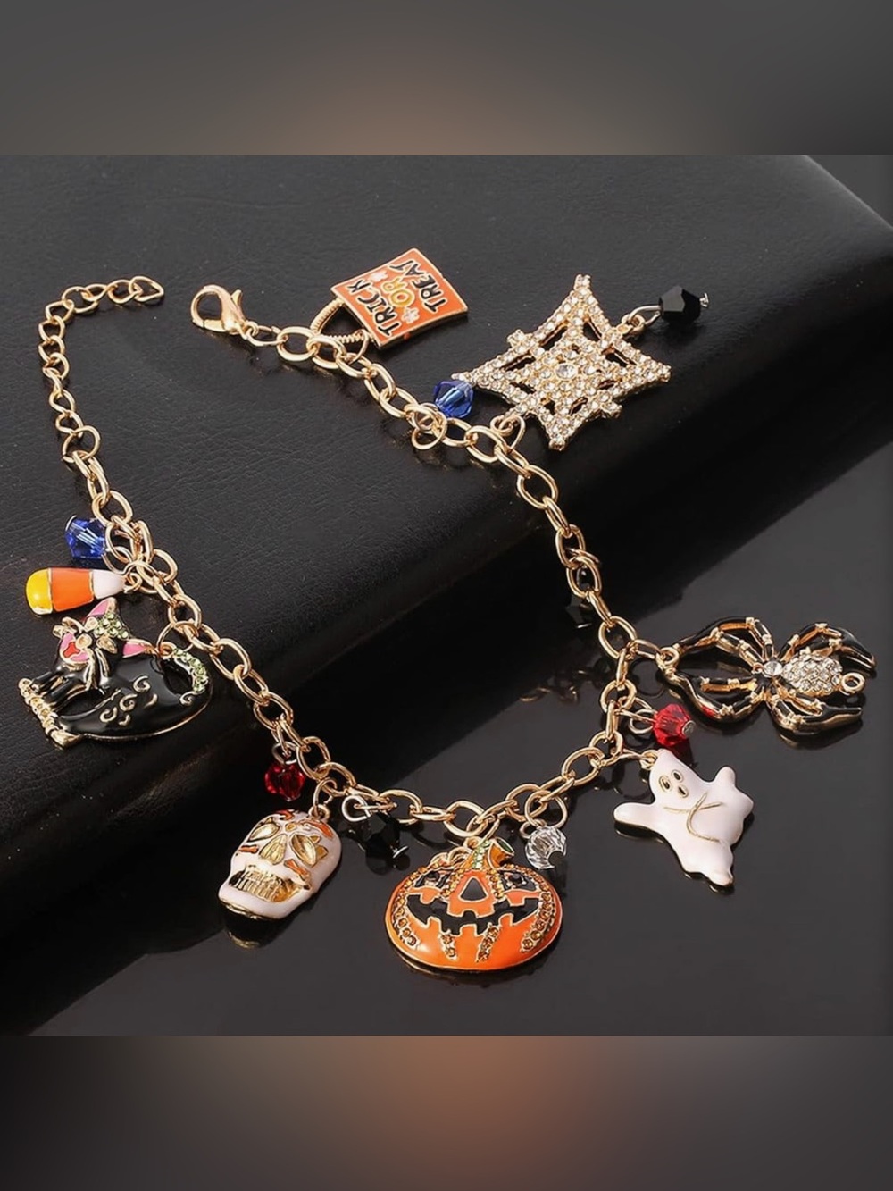 🎃 Women’s Halloween Charm Bracelet Pumpkin Rhinestones Skull Cat Jewelry Charms